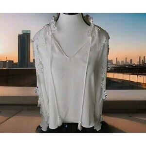 Stellah White Elegant Blouse Size L Eyelet Trim Long Sleeve Tie V Neck